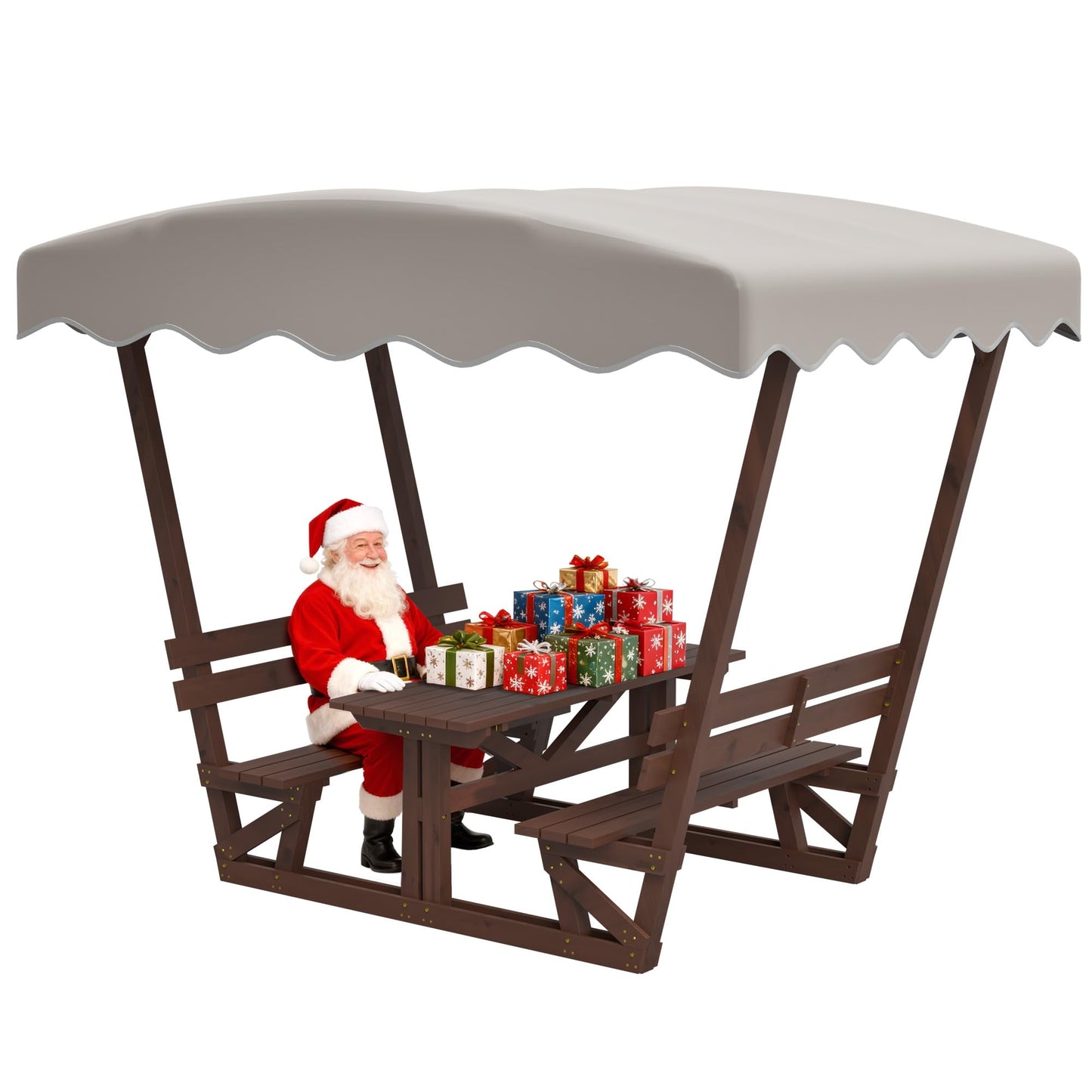 BIFULDYO Outdoor Picnic Table with Benches and Removable Canopy, 6 Person Waterproof Solid Wood Table and Chairs Set for Patios, Gardens, Decks, Parks, Beaches