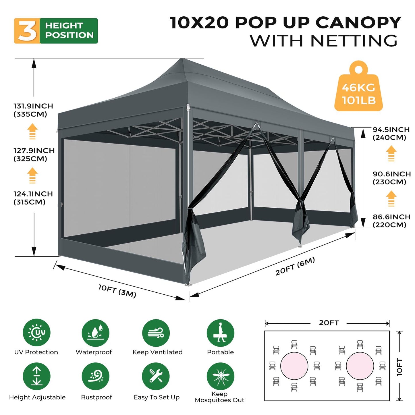 COBIZI 10x20 Heavy Duty Pop Up Canopy Tent with 6 Sidewalls, Easy Set Up Outdoor Waterproof Screen Commercial Party Tent with Mosquito Netting for Parties Backyard Patio, Roller Bag, Gray