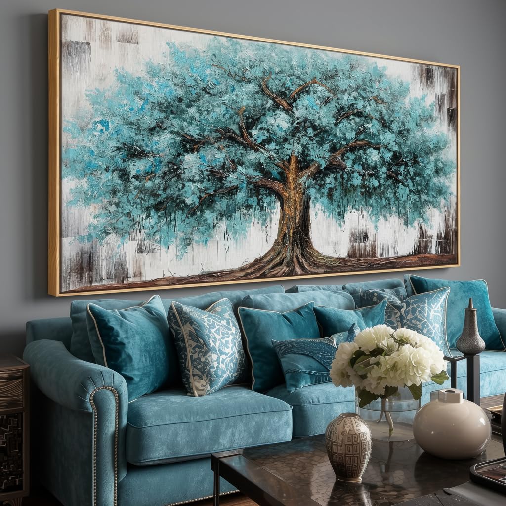 Wall Art Tree of Life Abstract Modern Artwork Blue Teal Tree Canvas Painting for Bedroom Living Room Office Large Decor 20"x40" with Framed