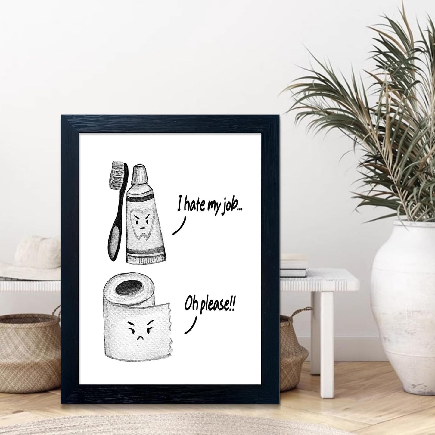 Regine Switzerland Kids Bathroom Decor - Funny Black and White Wall Art Print | Framed Toilet Paper & Toothbrush Design