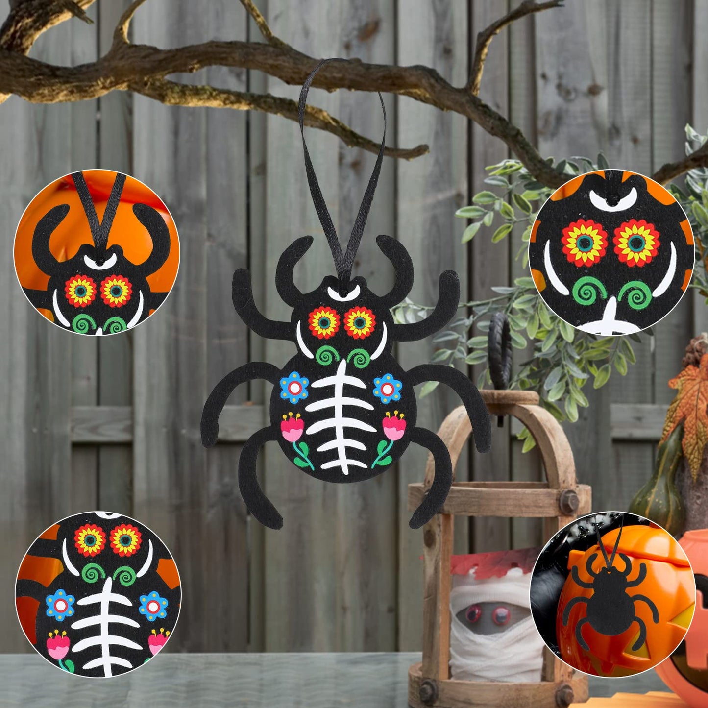 CCINEE 24Pcs Dia De Los Muertos Felt Ornaments, Mexcian Skeleton Halloween Ornaments for Day of The Dead Themed Party School Bags Indoor Outoor Tree Hanging Decorations (Pack of 2)