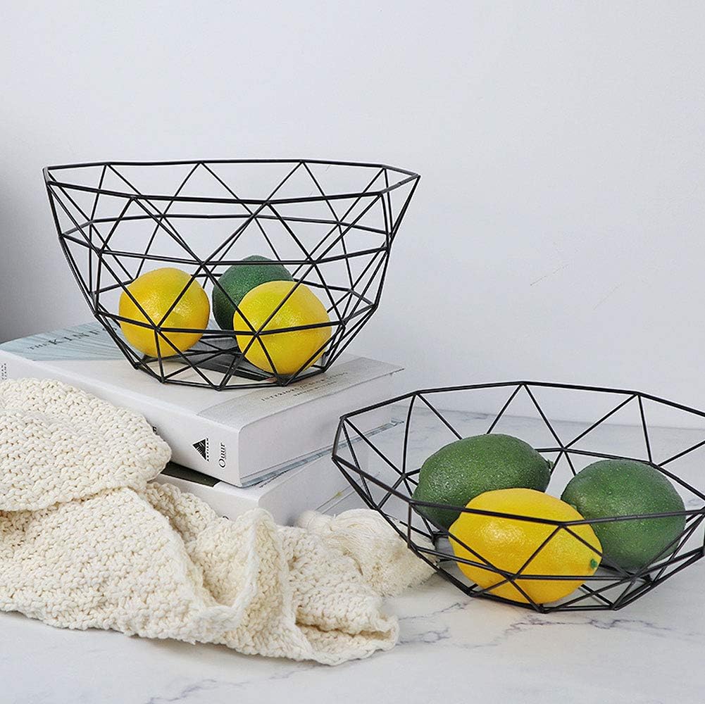 Geometric Metal Wire Fruit Bowl, Iron Arts Fruit Storage Basket for Kitchen Counter (Black, Large)