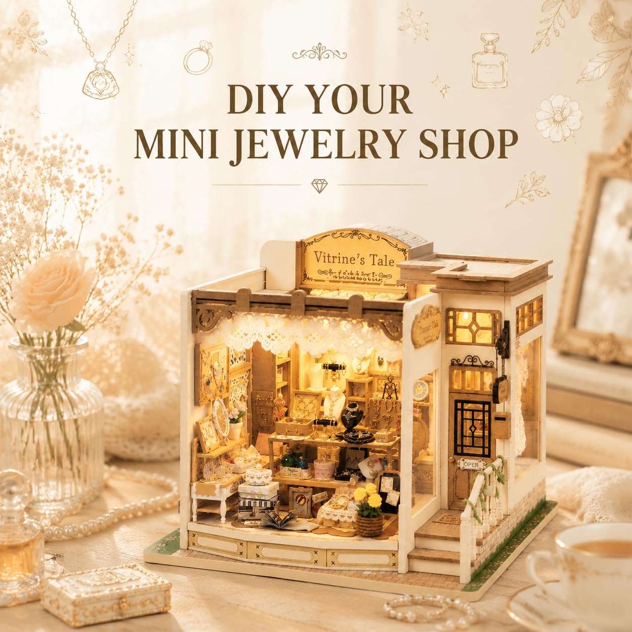 DIY Miniature House Kit, 428 PCS Jewelry Shop DIY Book Nook Kit with LED, 3D Wooden Puzzle Miniature Doll House Kit for Arts and Crafts Decor - Unique Tiny Home Kits Gifts for Women & Adults