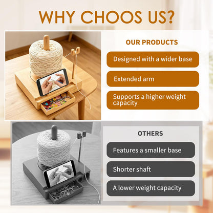 Portable Multi-Functional Wooden Yarn Spool Rotator with Phone Holder, Detachable Yarn Spool Box and Crochet Accessory Storage Box, Designed for Knitting Enthusiasts. (Original Wood Style)