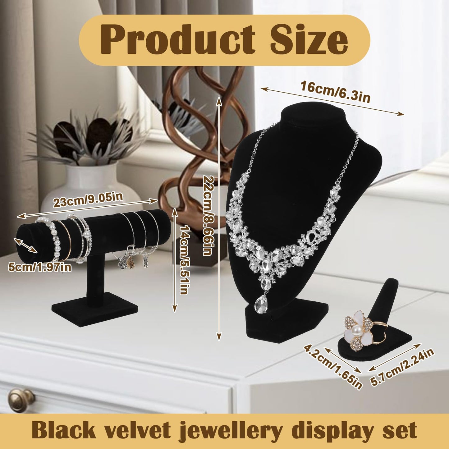 4 Pcs Jewelry Display Set Velvet Necklace Display Stand Jewelry Bust Displays T Bar Bracelet Holder 2 Ring Organizer For Vendors Selling Craft Shows Home Store Trade Show Black