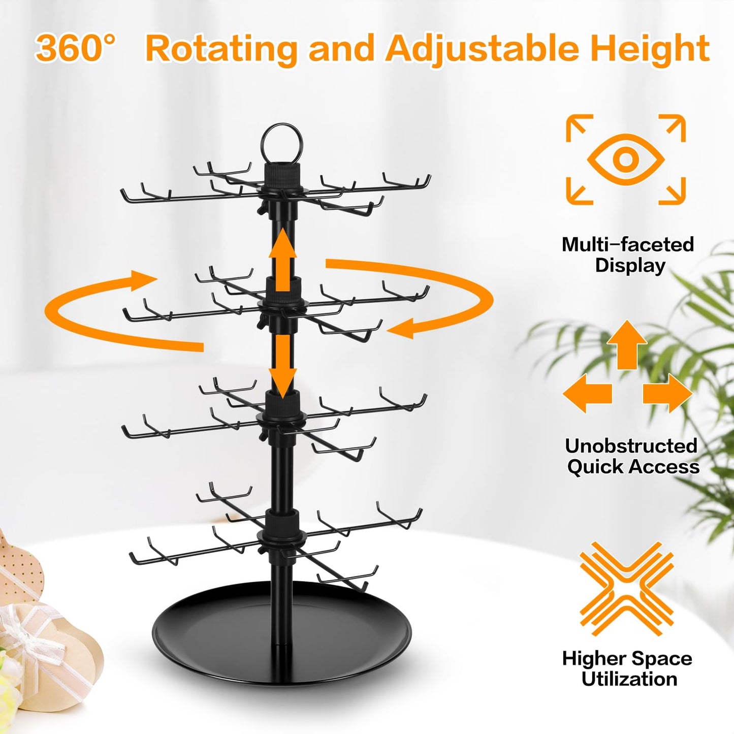 GEAMSAM Jewelry Display for Vendors with 80 Hooks, 4 Tier Rotating Display Stand Earring Holder Organizer Adjustable Height, Earring Rack Keychain Necklace Bracelet Display for Retail