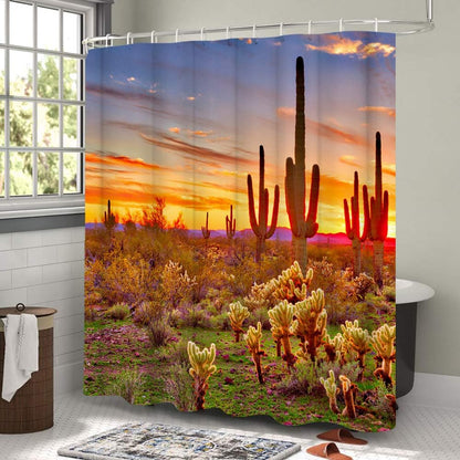 LUKUY Saguaro Shower Curtain, Arizona Desert Landscape with Cactus Mountain Sunset, Cloth Fabric Bathroom Decor Set