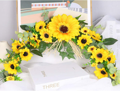 Rustic Artificial Sunflower Swag, 23 Inch Decorative Floral Swag with Sunflower and Green Leaves for Wedding Arch Front