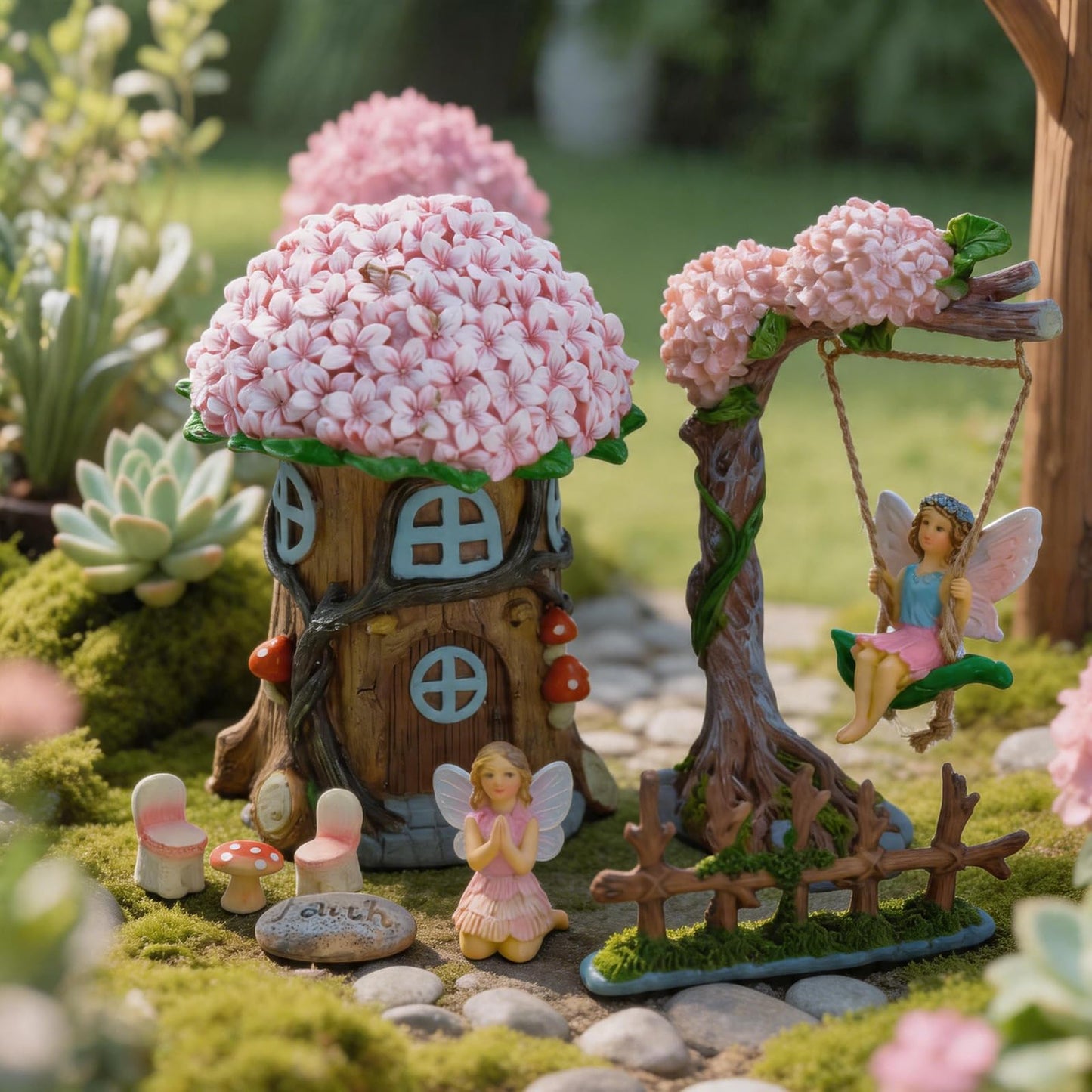 Landoraloria Miniature 8 Pcs Mini Garden Furniture, Fairy Garden Accessories Kit, Resin Figurines with Swing Set, Whimsical Theme, for Outdoor Patio, Yard, Lawn, or Desk