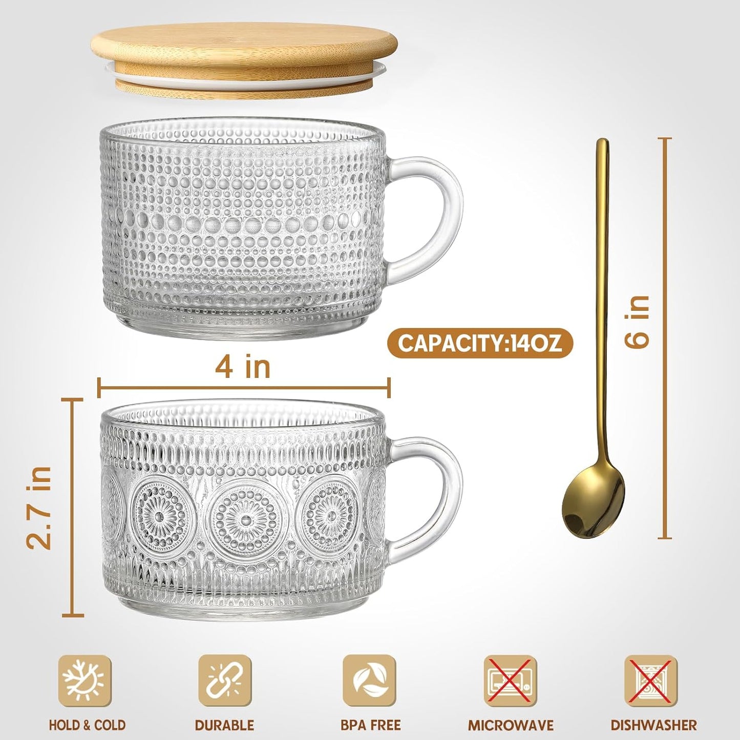 12pcs Set 14oz LANDNEOO Irish Coffee Glasses, Vintage Coffee Mugs, Overnight Oats Containers with Bamboo Lids