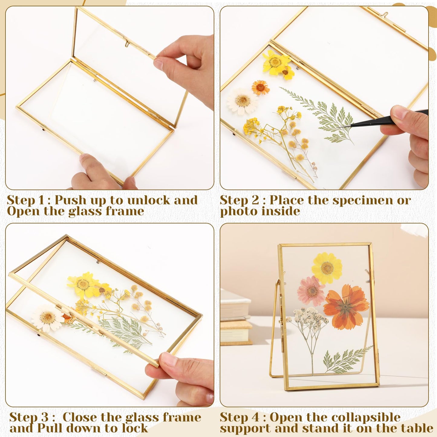 Vicenpal 5 Pack Glass Pressed Flower Frame Handmade, 5 x 7 floating Picture Frames for Pressed Flowers, Brass Double Glass for Tabletop Display, Home Office Plant Specimen, Photos(Gold)