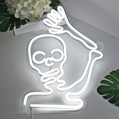 Britrio Skull Halloween Decoration LED Neon Sign Skeleton Wall Art Decor Light for Window Entryway Front Porch Door Bedroom Home Party Supply Kids Gift Cold White 5V Powered by Usb
