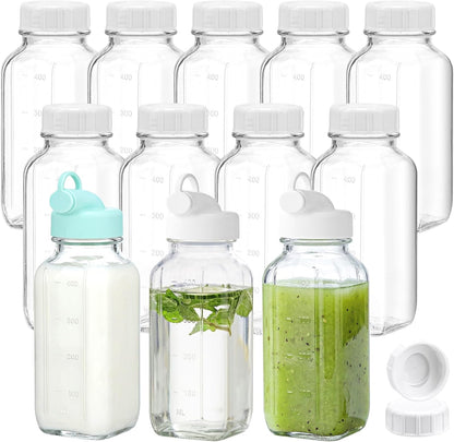 12 Pack 16 Oz CUCUMI Glass Milk Bottles with Lids, Glass Juice Bottles with Scale & Silicone Pour Spout, Reusable Juice