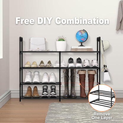 DYJIEKAI 2 4 16-20 Closet, Rows Tier Shoe Rack, Black Metal Stackable Shoe Shelf with Multifunctional Hooks, Hold