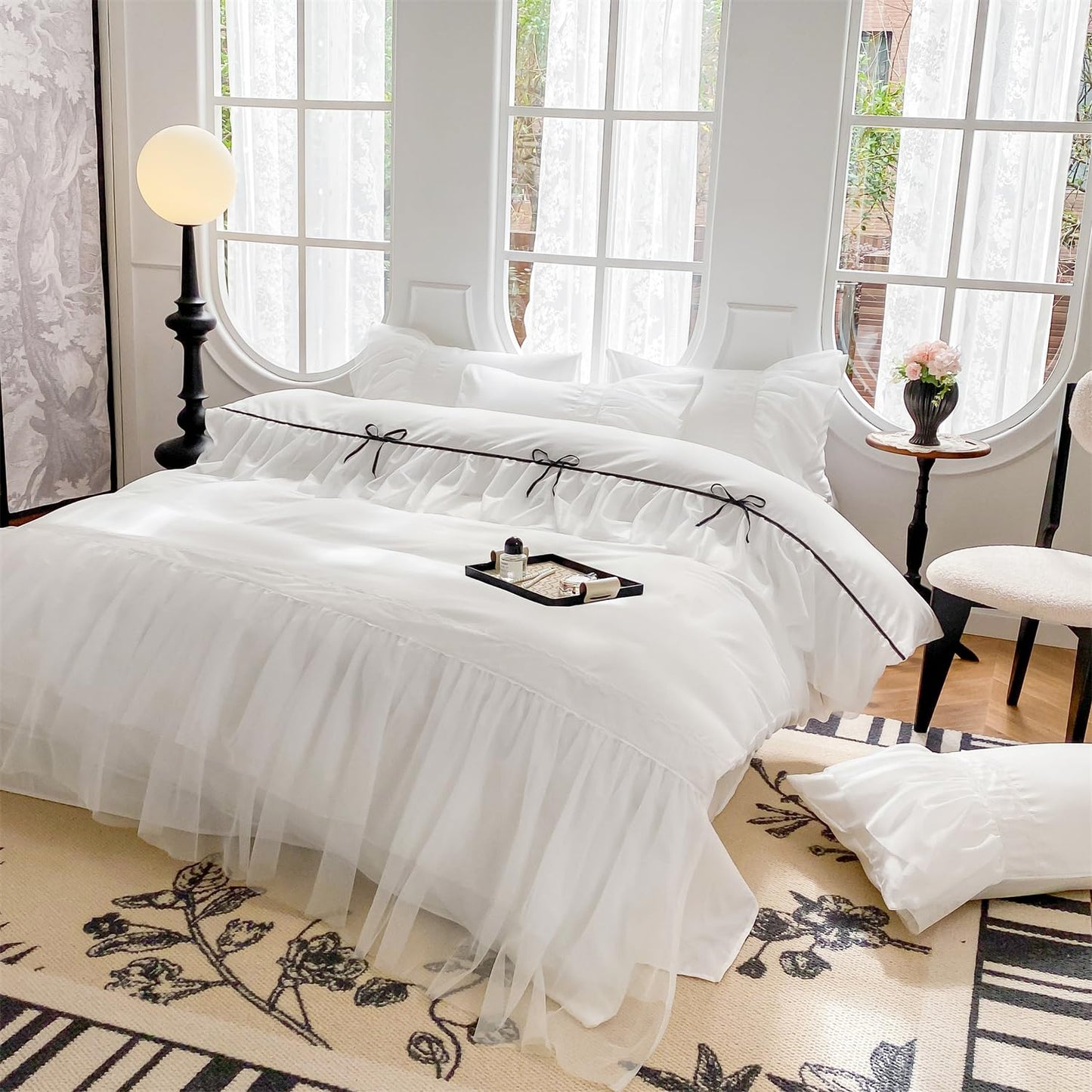 SOUKECHY White Lace Ruffled Queen Duvet Cover Set, Bow Duvet Cover,Chic Kids Bedding,100% Polyester,Lightweight Duvet Cover Set with Zipper Closure for Girls