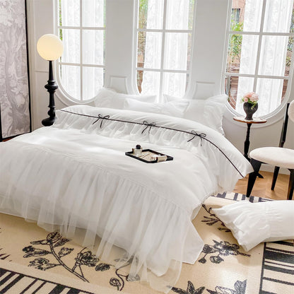 SOUKECHY White Lace Ruffled Queen Duvet Cover Set, Bow Duvet Cover,Chic Kids Bedding,100% Polyester,Lightweight Duvet Cover Set with Zipper Closure for Girls