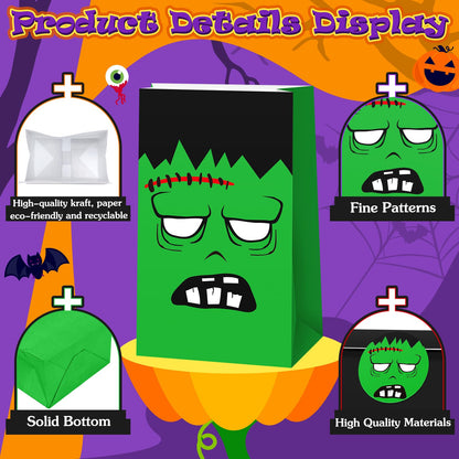 TaoBary Halloween Treat Bags Cute Trick or Goody Bags Halloween Paper Favor Bag with 6 Assorted Designs Stickers for Trick or Goody Birthday Party Event Supplies(60 Pcs)
