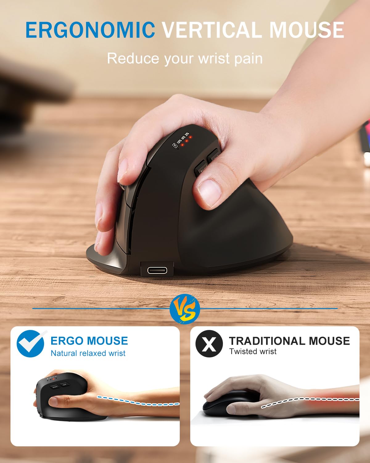 Bluetooth and 2.4GHz Ergonomic Mice, 2 in 1 Wireless Mouse with 3 DPI Levels, Rechargeable Computer Mouse with USB Receiver and Type C Adapter for Laptop, Desktop, Windows, Mac OS, Black