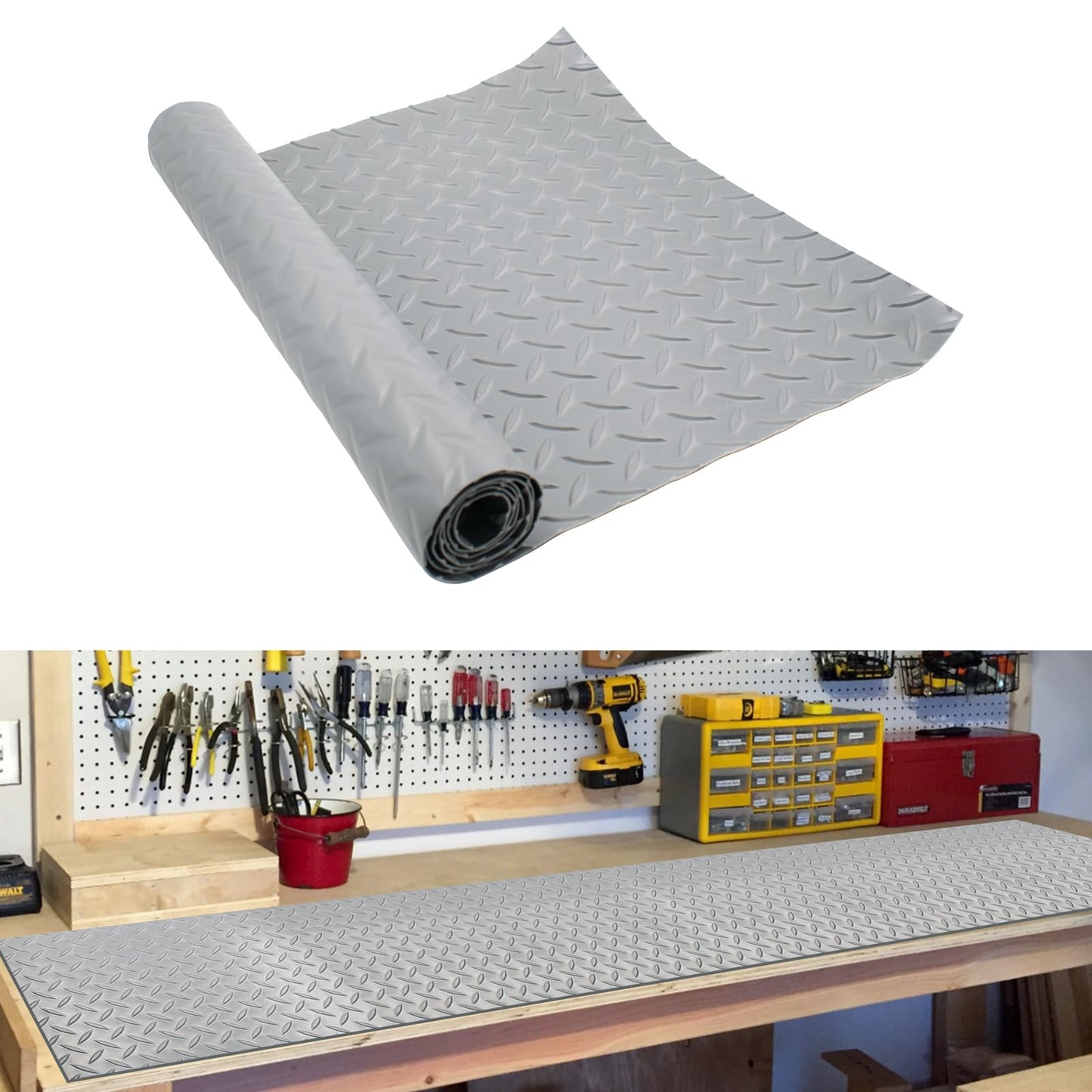 47.2'' x 15.7'' Work Bench Mat, Scratch-Resistant Non-Slip Steel Plate Texture PVC Pad for Protecting Workbench, Table, Tool Station, Gray Workbench Mat for Woodworking Painting DIY Crafting
