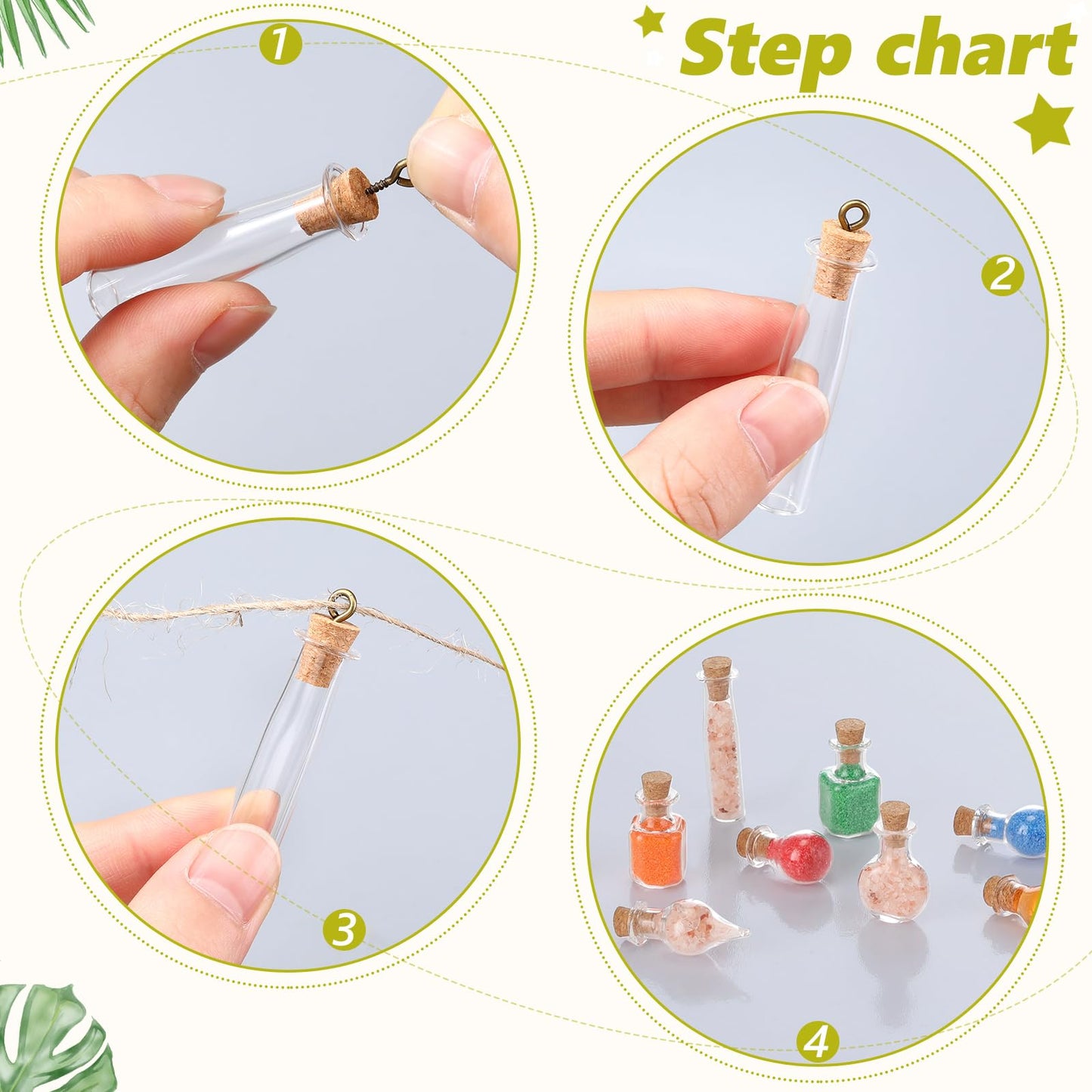 Honeydak 100 Pcs Small Mini Glass Bottles Jars with Cork Stopper Set Potion Bottle Tiny Refillable Wishing Bottles Drifting Bottle with Eye Screw Funnel Rope for DIY Bead Containers, 5 Shapes