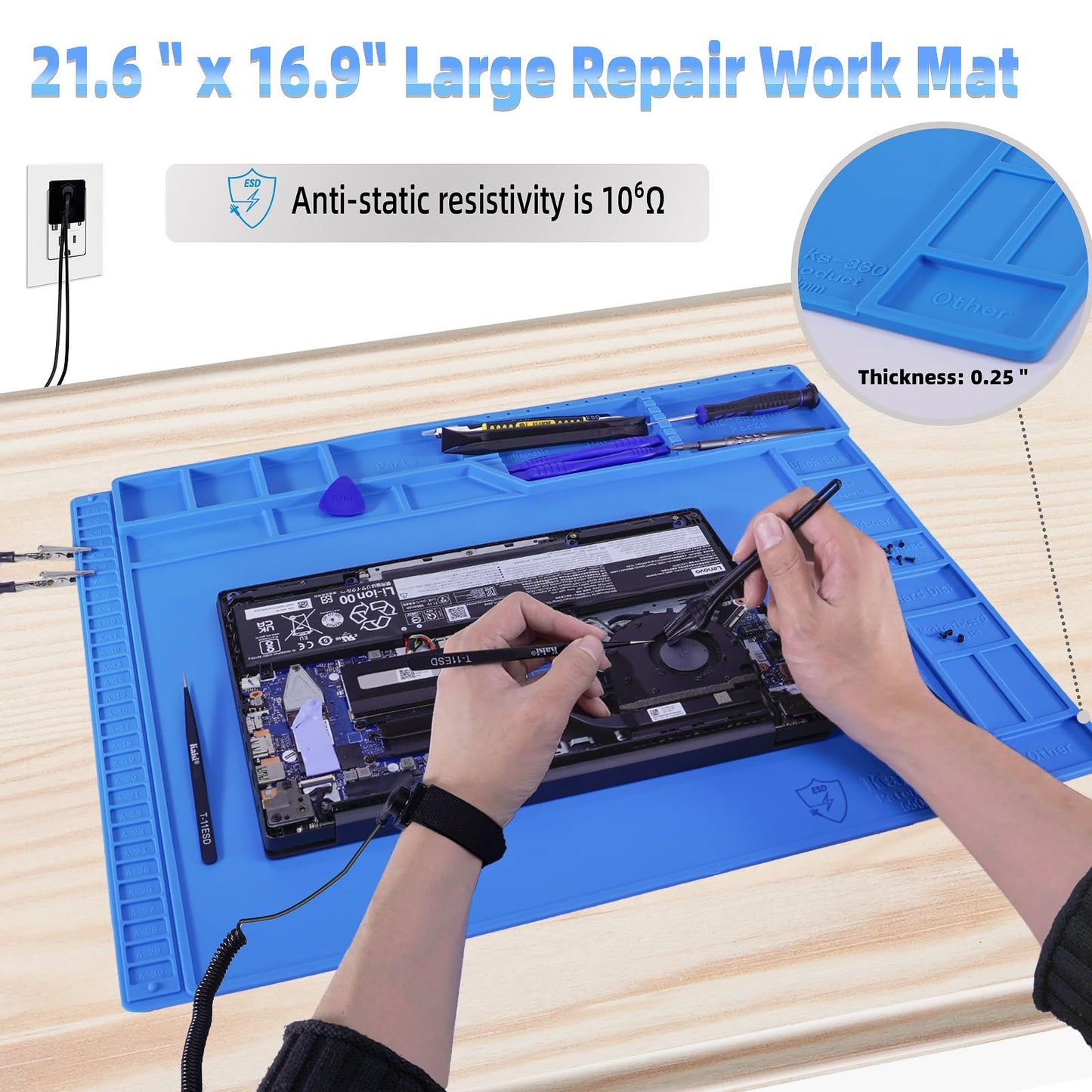 Kaisi Large Anti Static Mat with Grounding Accessories,Heat Resistant Silicone Soldering Mat,Magnetic Work ESD Pad for pc building, Electronics, Laptop, Cellphone Repair Soldering 21.6" x 16.9"
