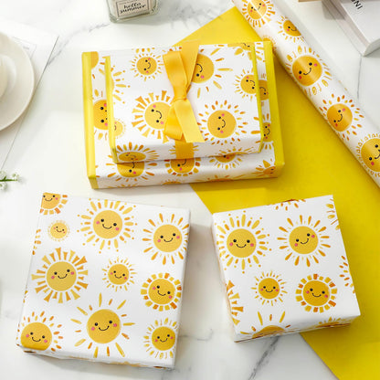 JarThenaAMCS Sun Smile Baby Shower Wrapping Paper -Mini Roll- 17In x 32.8Ft First Trip Around The Sun Gift Wrap Paper Yellow Double Printed Sunshine Craft Paper for Summer Birthday Party Packing
