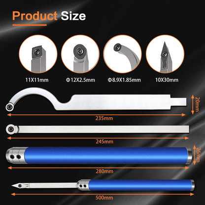 Carbide Tipped Wood Turning Tools Set, Lathe Rougher Finisher Swan Neck Hollowing Tools and Interchangeable Aluminum Alloy Grip Handle with Diamond Round Square Carbide Inserts