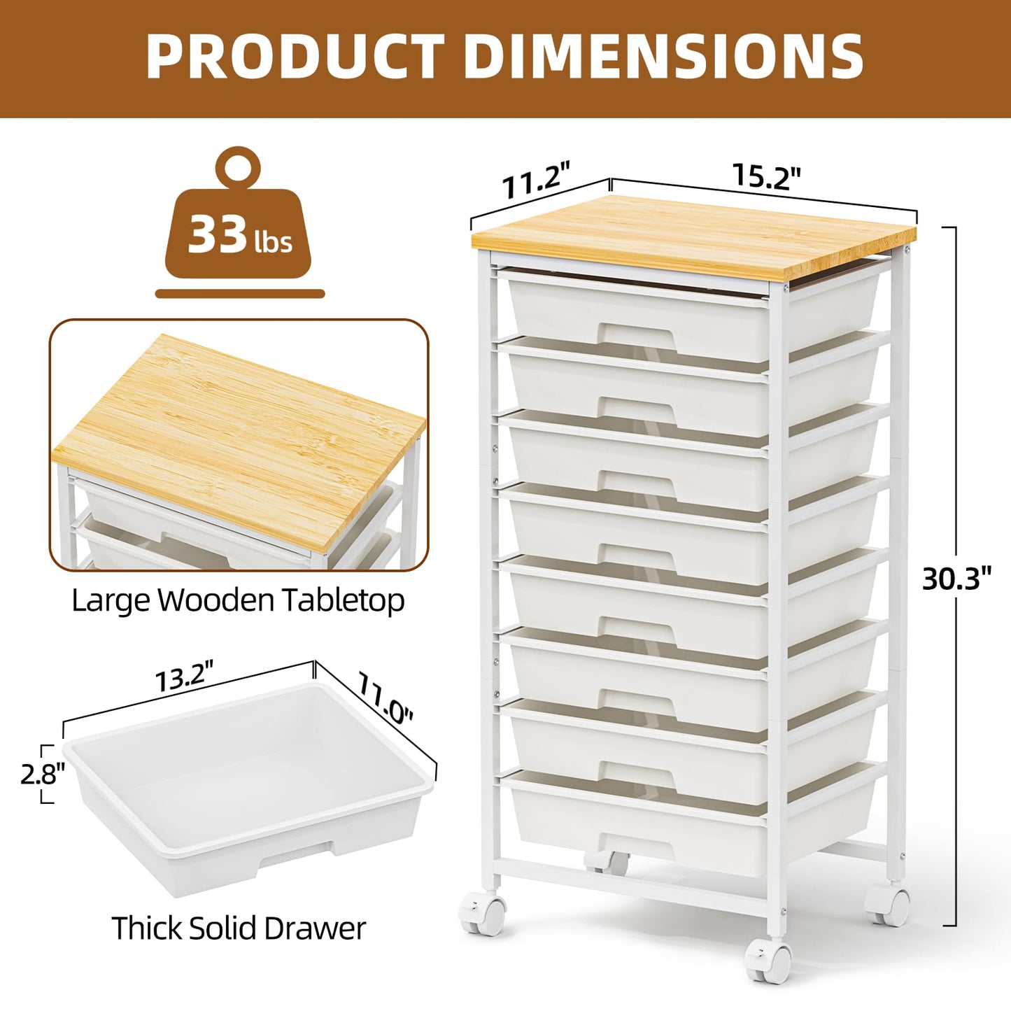 OUKMIC Rolling Storage Cart with 8 Drawers, Utility Cart with Wooden Tabletop and Lockable Wheels, Movable Craft Cart, Craft Storage Organizer for Living Room, Bedroom, Classroom, Office, White