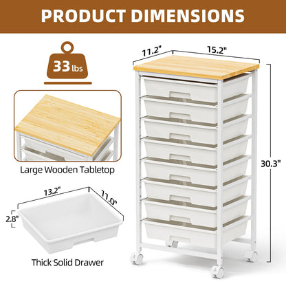 OUKMIC Rolling Storage Cart with 8 Drawers, Utility Cart with Wooden Tabletop and Lockable Wheels, Movable Craft Cart, Craft Storage Organizer for Living Room, Bedroom, Classroom, Office, White