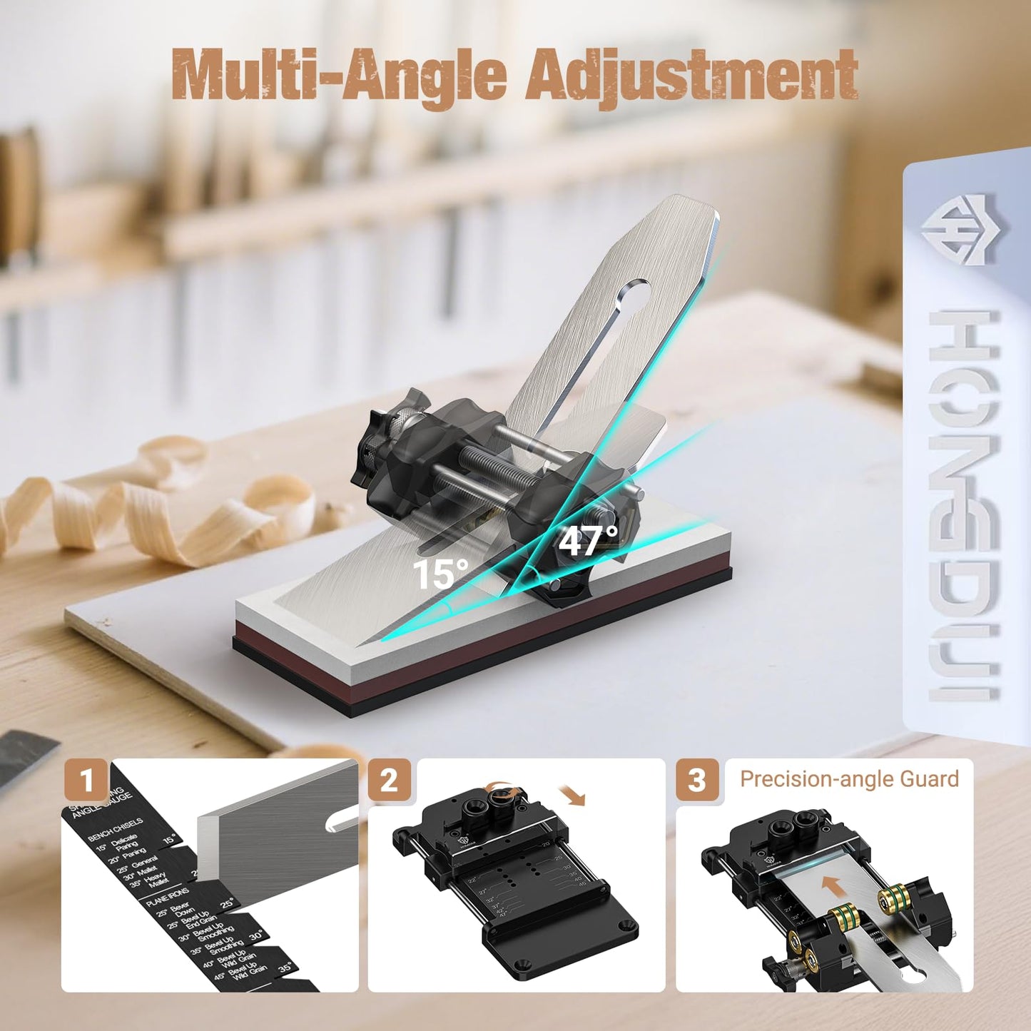 HONGDUI Chisel Sharpening Kit with Honing Guide, Sharpening Angle Fixture & Angle Gauge 15°-47°, Sharpener for 0.1"-3.2" Chisels, Planes, Woodworking Tool