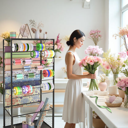 FWTXZTER 16 Tier Ribbon Organizer Rack, Double-Sided Ribbon Storage Holder for Craft Room, Floral Wrapping Paper Stand with Wheels, Rolling Ribbon Spool Racks Metal Display Shelf Sewing Station Cart