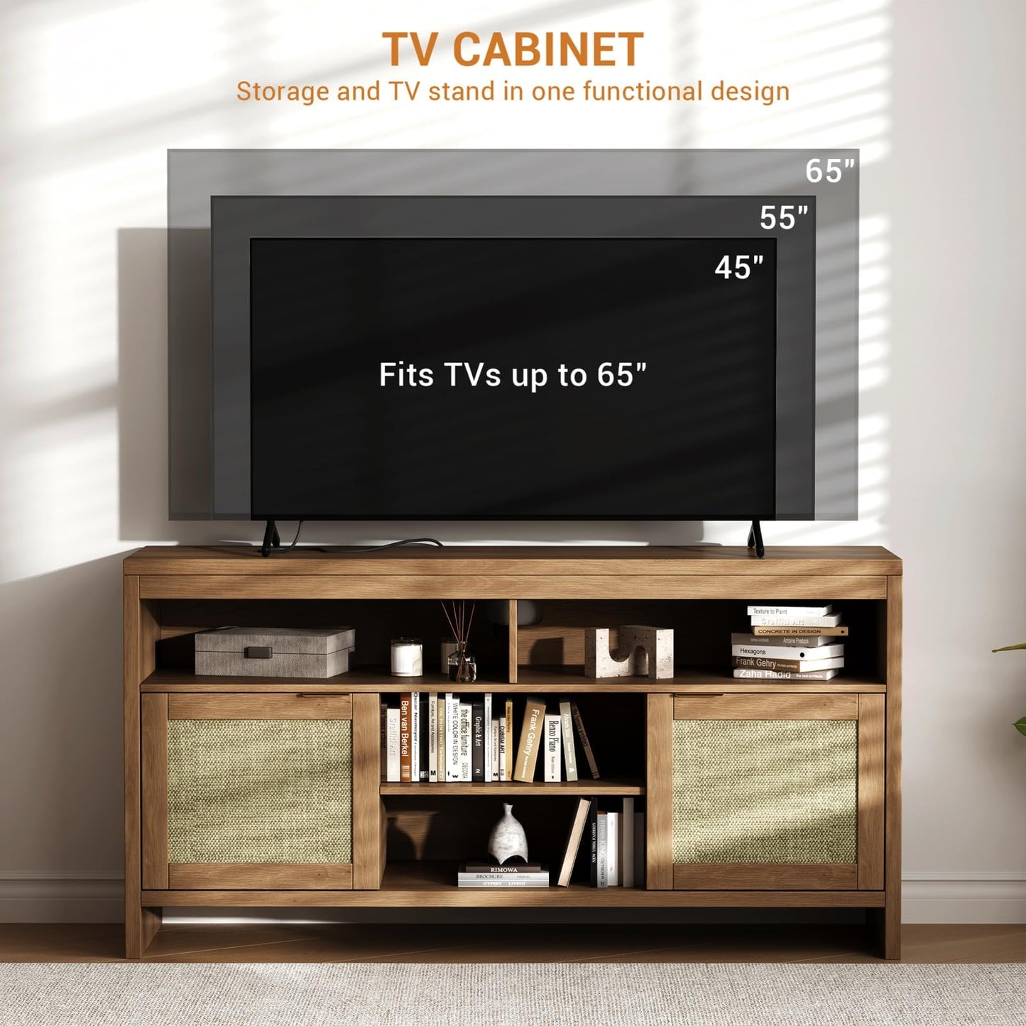 Boho TV Stand for TV up to 65 Inch,58"Modern Rattan Entertainment Center with Storage and Adjustable Shelves,Wooden Media TV Console Cabinet with Doors for Living Room/Bedroom/Apartment/Farmhouse(Oak)