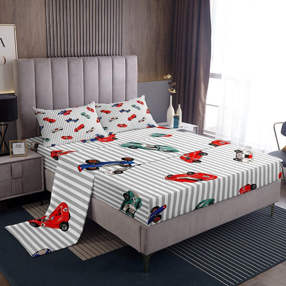 Set Set Feelyou Race car Bed Sheet Speed Sports Car Bedding Racing Car Fitted Sheet White Grey Flat Sheet for Kids Boys