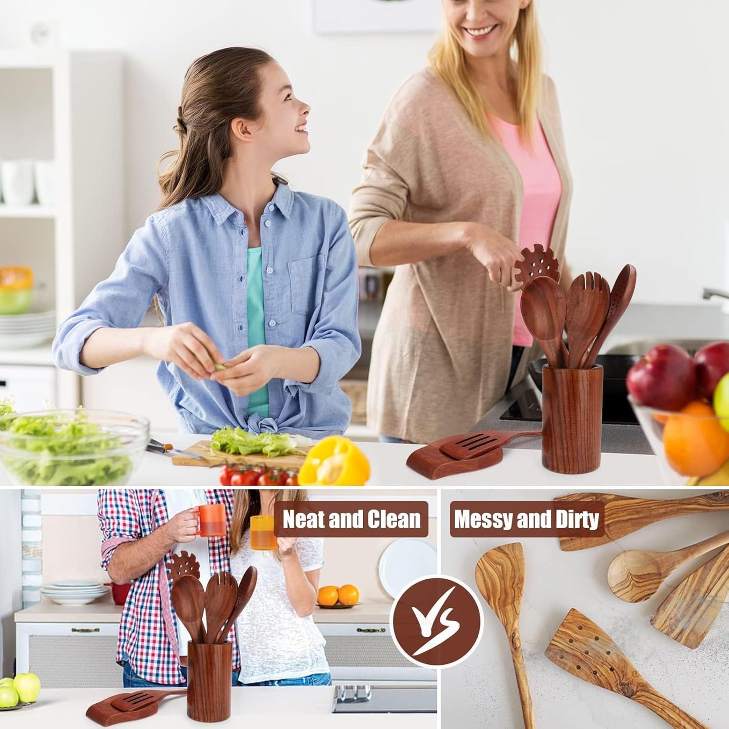 Kitchen Utensils Set, 16 Pcs Wooden Spoons for Cooking, Natural Teak Nonstick Spatula with Spoon Rest, Premium Quality