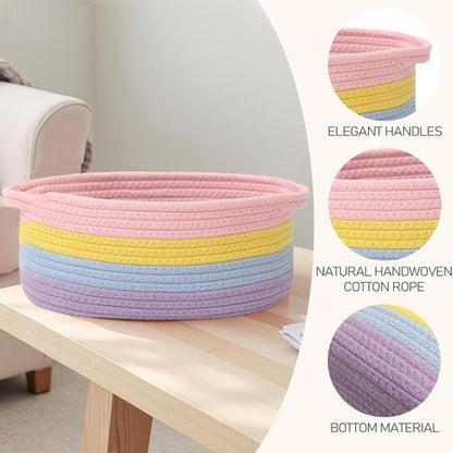 JMvicyroam Woven Storage Baskets - Small Rope Bins with Handles for Organizing Shelves | 2-Pack Rainbow Design