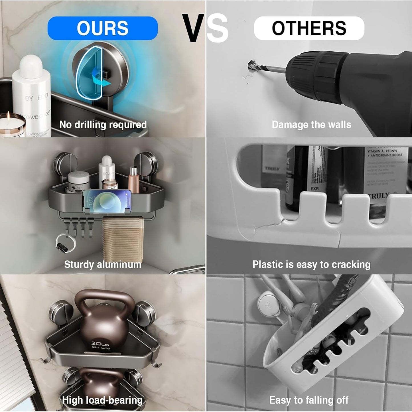 1 Pack Mustorn Suction Cup Shower Caddy Corner, Suction Corner Shower Shelves No Drilling, Rustproof Shower Organizer
