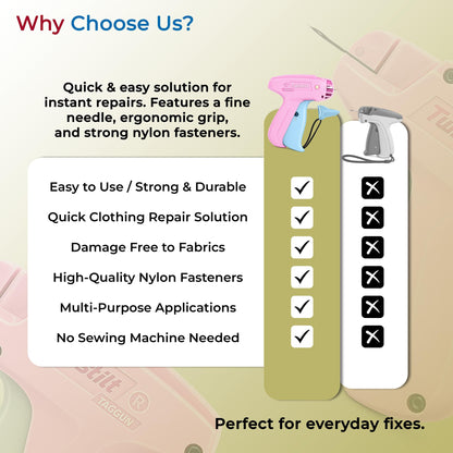 Stitch Gun for Clothes (Quick Fix Tool, Not a Sewing Machine), Handheld Clothing Tag Gun for Quick Clothing Repairs Includes 6 Needles, 1000 Black & 1000 White Fasteners (Pink & Blue)
