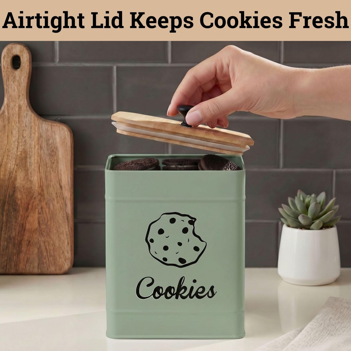 Cookie Jar with Airtight Lid - 1 Gallon - 6"D x 8"H Green Iron Cookie Tin with Bamboo Lid - Large Cookie Jars with Lids Airtight - Farmhouse Cookie Jars for Kitchen Counter Decorative - Cookies Jar