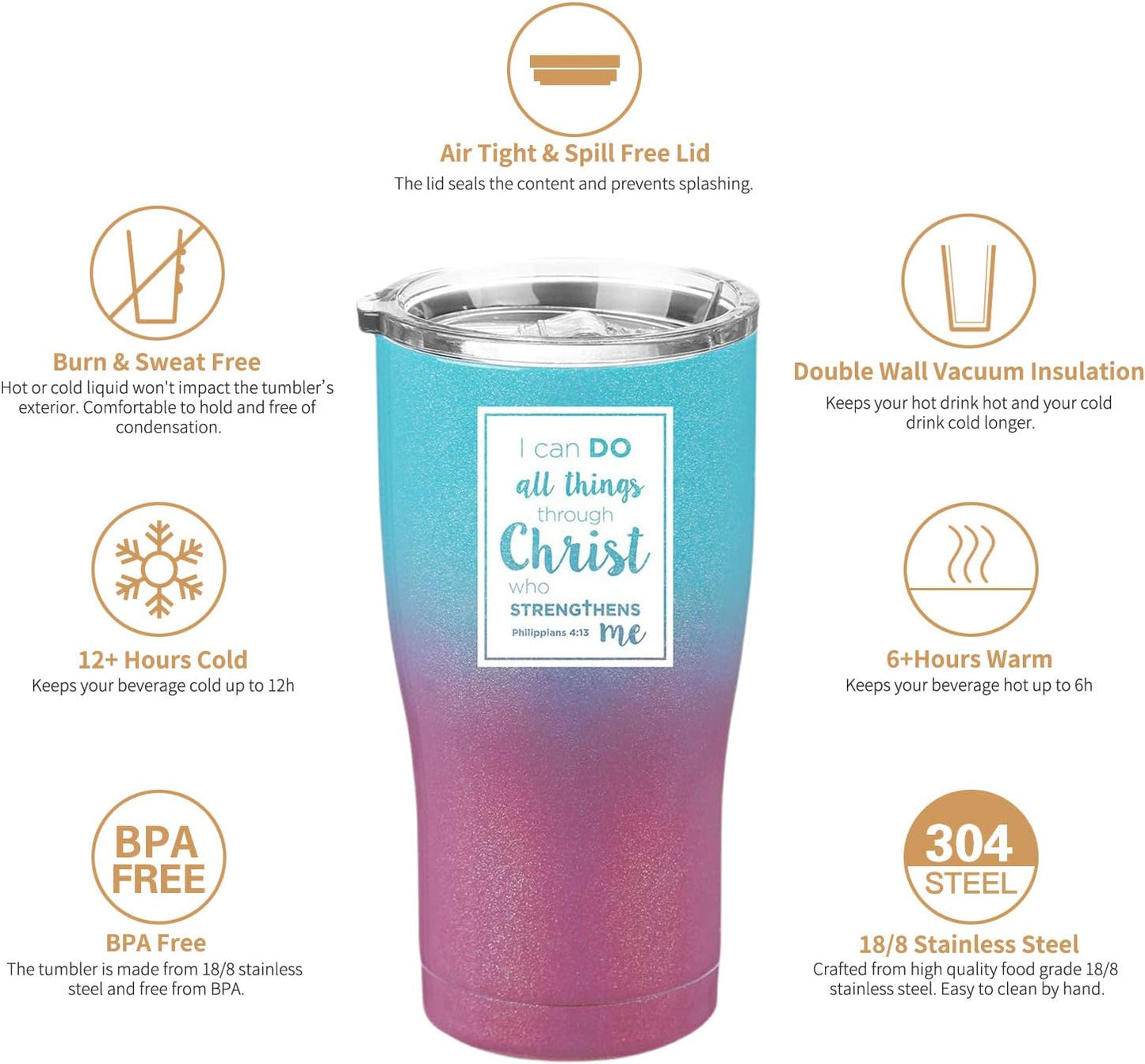 Philippians 4:13 Tumbler, Stainless Steel Insulated Cup - Christian Gifts for Women (20 Oz, Purple Teal)