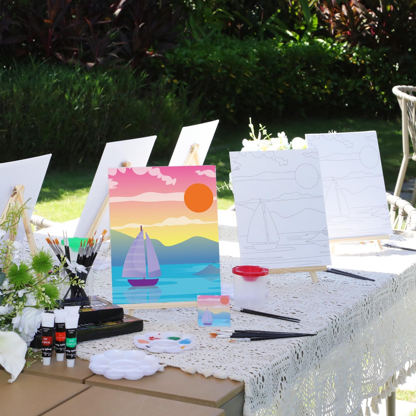 Cholemy 8 Set Paint and Sip Kit for Adults 8'' x 10'' Pre Drawn Canvas with Wooden Easels Acrylic Paint Brushes Wash Cup Palette Apron for Painting DIY Date Night Party Supplies(Landscape)