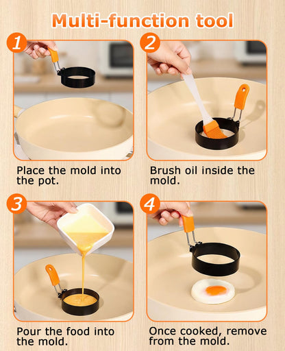 DAWZMR 6 PCS Egg Rings 3.5 Inch, Egg Ring Mold for Cooking Frying with Oil Brush, Blackstone Fried Egg Circles for Breakfast Sandwiches