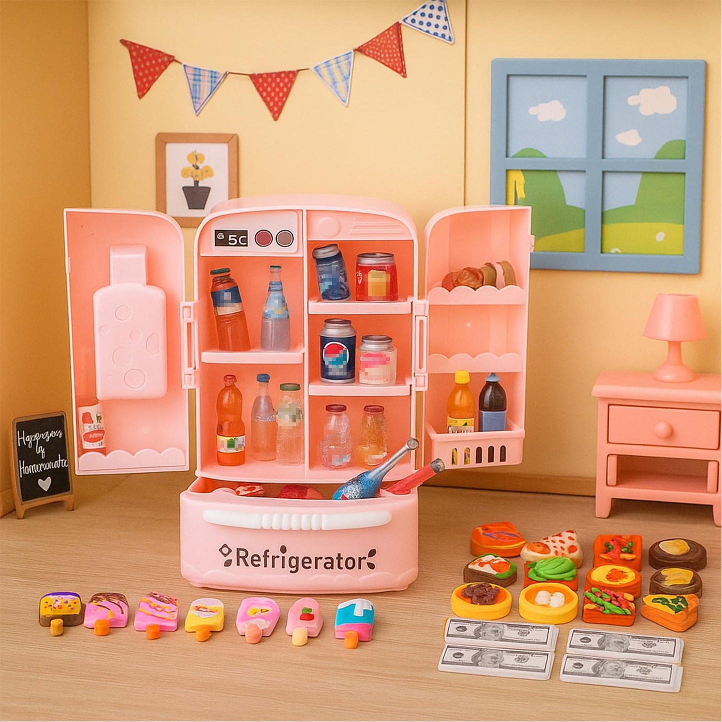 Miniature Food Play Set for Kids - Includes Refrigerator Freezer Ice Cream Drinks & Display Shelves Realistic Toy for Imaginative Play, for Toddlers