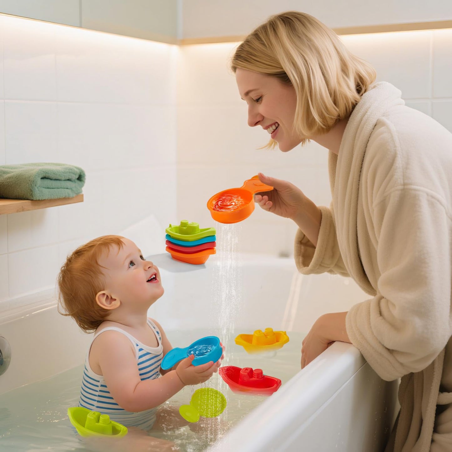 Baby Bath Toys for Kids Ages 1-3, 11PCS Mold Free Bath Toys for Toddlers with Floating Boats & Bath Spoons, Bathtub Water Pool Toys for Babies and Toddlers
