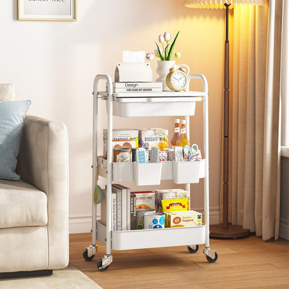 3 Tier Metal Rolling Utility Cart with Drawer & Lockable Wheels - Heavy Duty Multifunctional Storage Organizer with 2 Cups and 4 Hooks for Bathroom, Kitchen, Snack, Craft, Makeup, Baby Essentials