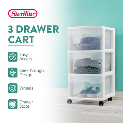 Sterilite 8 Pack Plastic Storage Organizer, 3 Drawer Rolling Bin Cart, Closet Organization, White