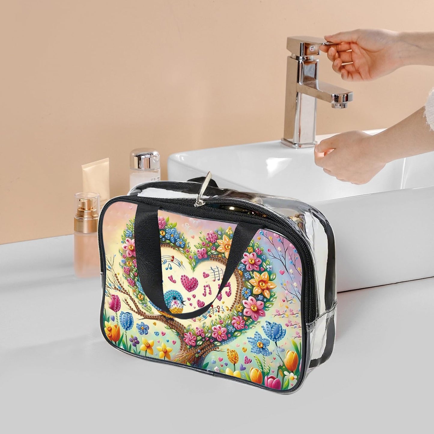 JZHYOAN Diamond PaintingTravel Toiletry Bag for Women Makeup Storage Organizer Art Portable Travel Makeup Pouch with Zipper Love Pattern Cosmetic Toiletry Bag for Shampoo Conditioner Brushes Set
