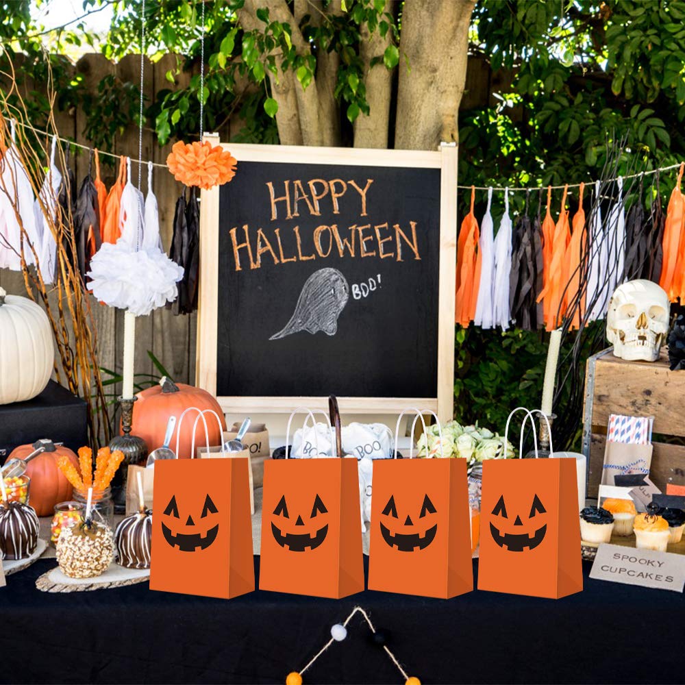 Halloween Pumpkin Gift Bags for Trick or Treat - 16 PCS Tote Favor Goody Candy Bags for Kids Adults Party Decorations