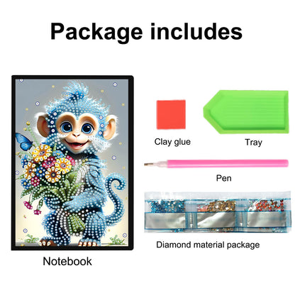 JISHSHAY Diamond Painting Notebook Journal Monkey Diamond Art Note Book Animal Gem Art Sketchbook Mosaic Kits for Adults Diary Gem Painting Leather Journal with Special Shaped Drills 5.7×8.26in