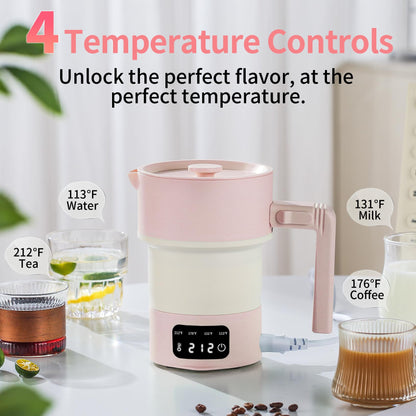 UPEZAN Travel Electric Kettle-Collapsible Portable Electric Kettle, 600W Foldable Small Water Boiler with 4-Temp Presets, Food Grade Silicone for Hotel, Office, Camping (Pink, 600mL)