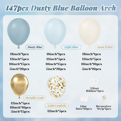 147pcs Dusty Blue Balloon Garland Arch Kit, Light Baby Blue Sand White Metallic Gold Confetti for Birthday Wedding